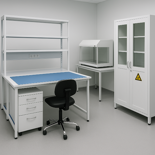 Если коротко — вся суть в материале и заземлении. Столешница, ножки и покрытия сделаны из антистатических материалов, которые не накапливают заряд. Каждая деталь соединена с системой заземления, чтобы электричество «утекало» безопасно, а не разряжалось на микросхему.