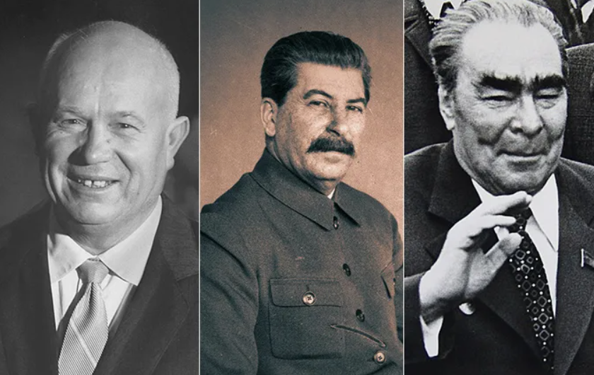 Лидеры СССР (слева направо): Никита Хрущев, Иосиф Сталин, Леонид Брежнев