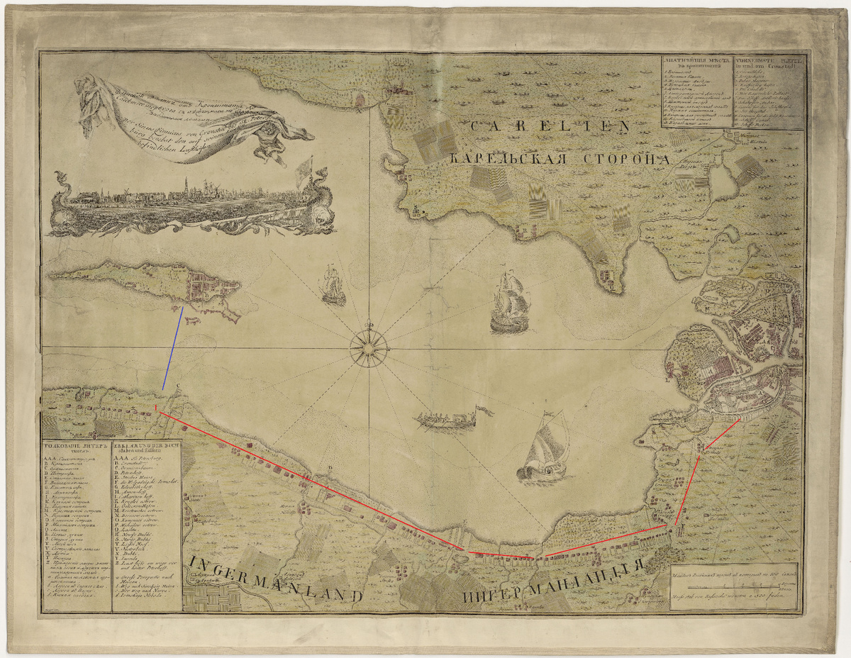 Карта восточной части Финского залива середины XVIII века. Линиями обозначен обходной путь в Кронштадт.