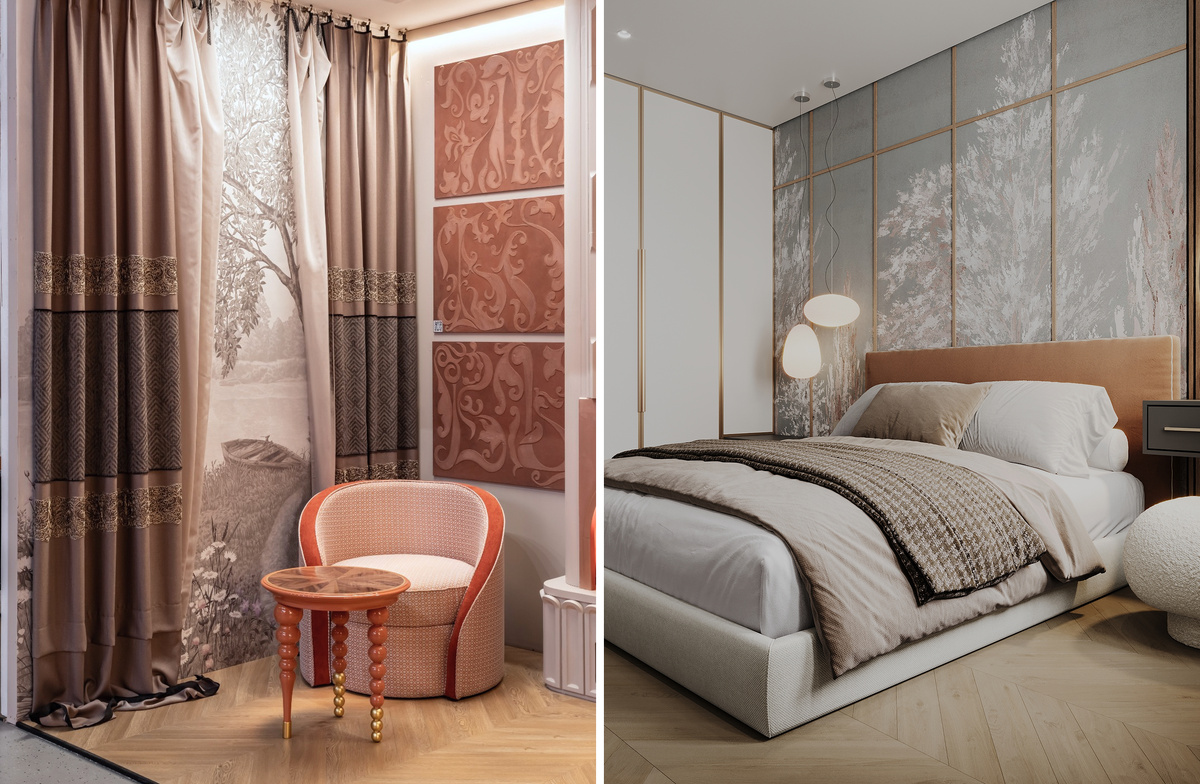 Панно ART4 002 «Берег Лоймины» из коллекции Loymina «Пейзаж» на стенде по дизайну Марии Каргиной | Панно ART13 005 «Ладога» из коллекции Loymina «Пейзаж 2» в проекте Анастасии Петуховой