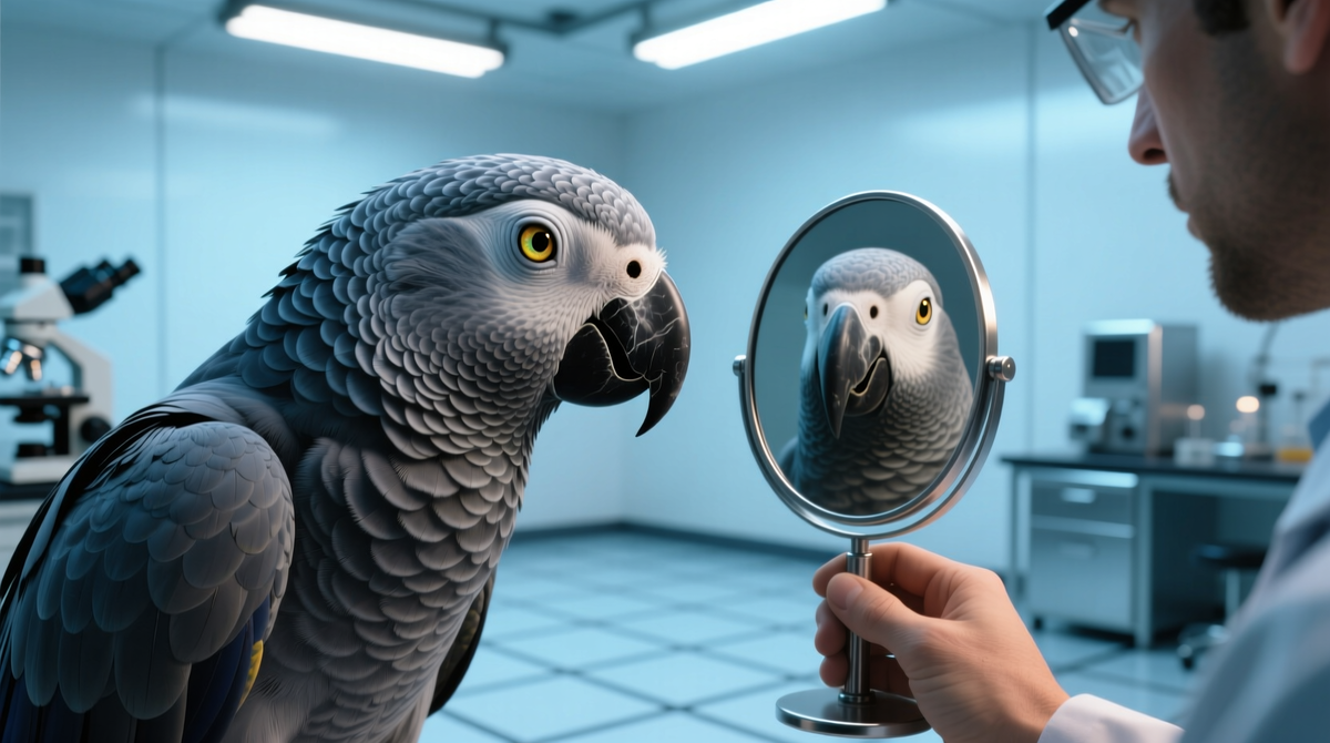 Африканский серый попугай Алекс в эксперименте Айрин Пепперберг. Птица самостоятельно узнала свой цвет, глядя в зеркало, что свидетельствует о развитой самоидентификации.