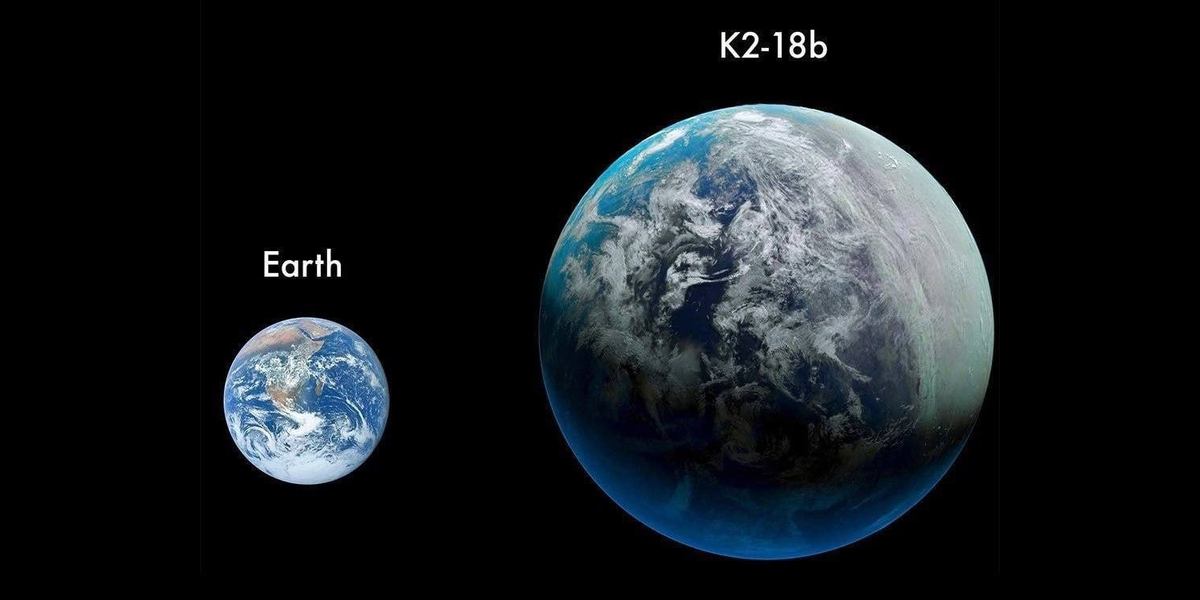Сравнение размеров экзопланеты К2-18b и Земли: водный мир в 2,5 раза больше нашей планеты находится на расстоянии 124 световых лет, (источник: lifehacker.ru)