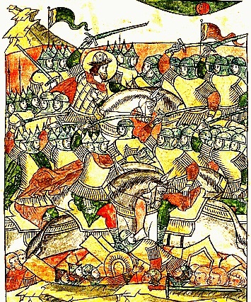 Битва на льду Чудского озера 1242. Миниатюра 16 в. Лаптевский летописный свод