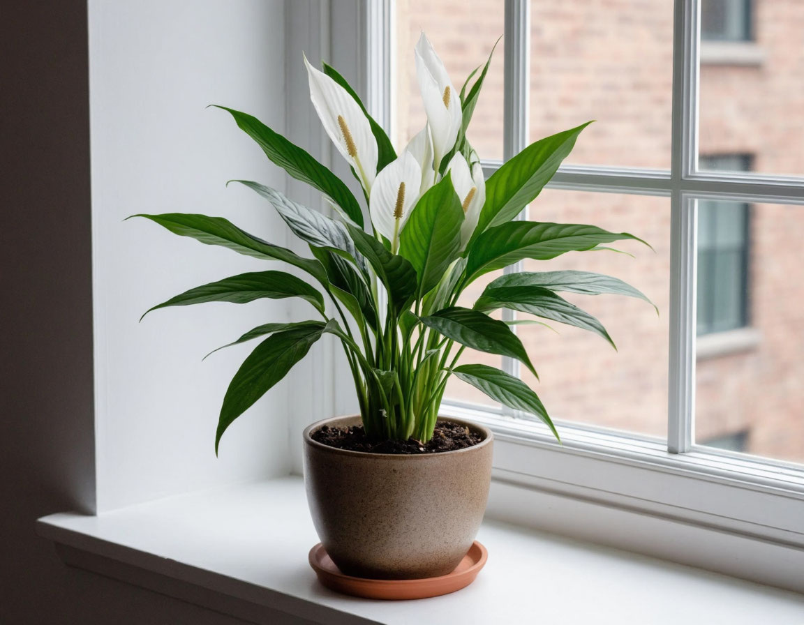 Спатифиллум («женское счастье»). Нежный белый цветок‑парус символизирует гармонию и новые начинания. 