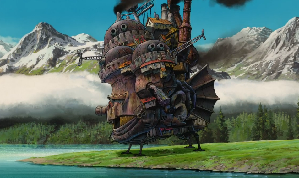 Замок Хаула содержит более 80 элементов: башни, черепица, деревья, колеса, куриные ножки / Кадр из мультфильма «Ходячий замок» (2004), режиссер Хаяо Миядзаки