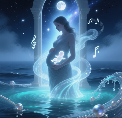 Говорят, что девятый месяц - это не просто финал, это граница между мирами. Море, которое хранило тайну жизни, начинает медленно отступать, открывая путь свету. В это время женщина становится как сама планета - наполненная океанами, ветрами, грозами и бескрайней тишиной. Всё в ней звучит, всё вибрирует - и тело, и душа, и дыхание. Она чувствует каждое движение ребёнка, как волну, что рождается где-то в глубине Вселенной и доходит до её сердца.