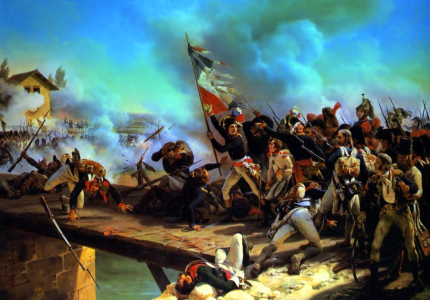 Наполеон Бонапарт ведёт свои войска через Аркольский мост, в качестве исходного изображения использована репродукция картины Ораса Верне (1826 год).