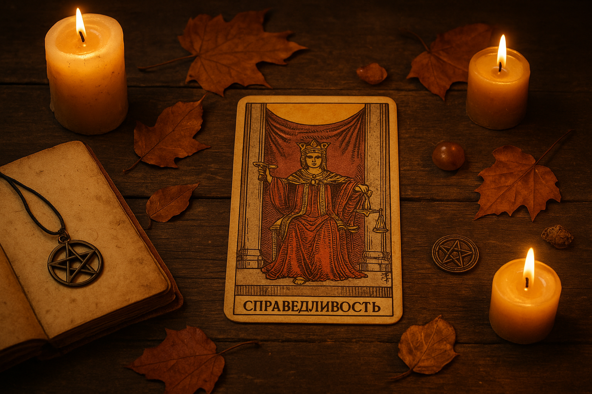 карта Таро «Справедливость» на старом деревянном столе, вокруг свечи, осенние листья, амулеты, блокнот с пером, лёгкий дымок от ладана, золотистое освещение. Символ внутреннего баланса и честности.
