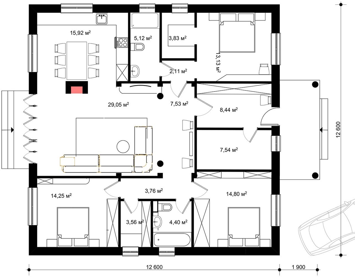 Планировка дома, несмотря на компактность и отсутствие коридоров, обеспечивает правильное функциональное зонирование помещений и комфортное безконфликтное пребывание всех жильцов.