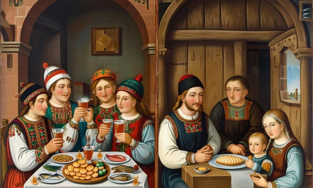 На пиру разница в отношении к гостям была очевидна. Одним – пироги с мясом, другим – хлеб да каша, да и то без соли.