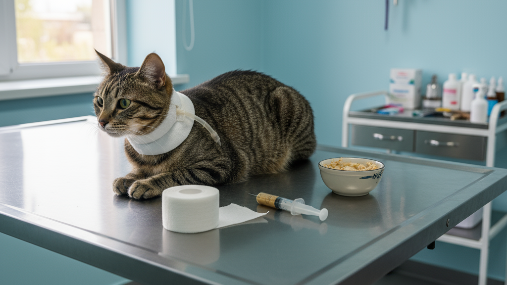 Кот на столе, с установленной эзофагостомической трубкой. Подготовлен шприц для кормления и пища.