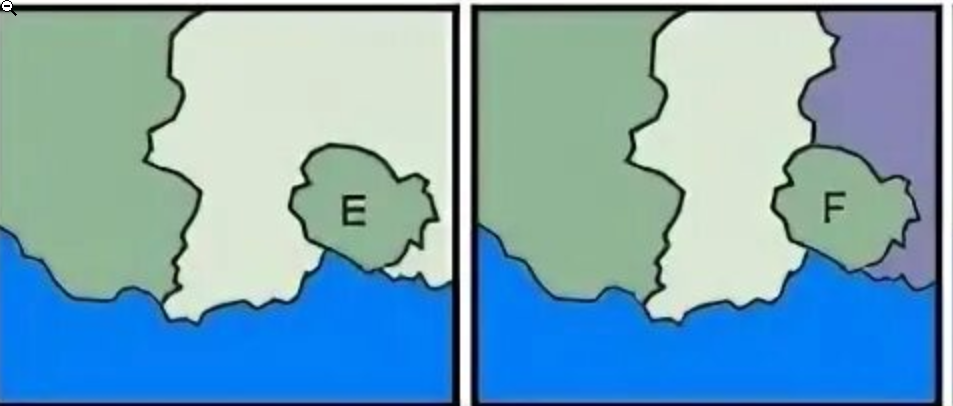 Полуанклав (полуэксклав) E слева и чистый полуэксклав F справа