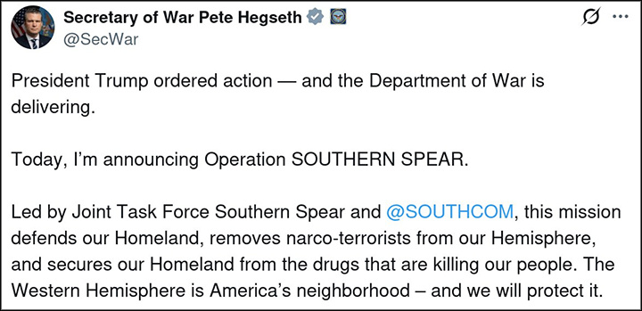    Министр войны США Пит Хегсет лично объявил о начале операции "Южное копьё". Скриншот: соцсеть Х