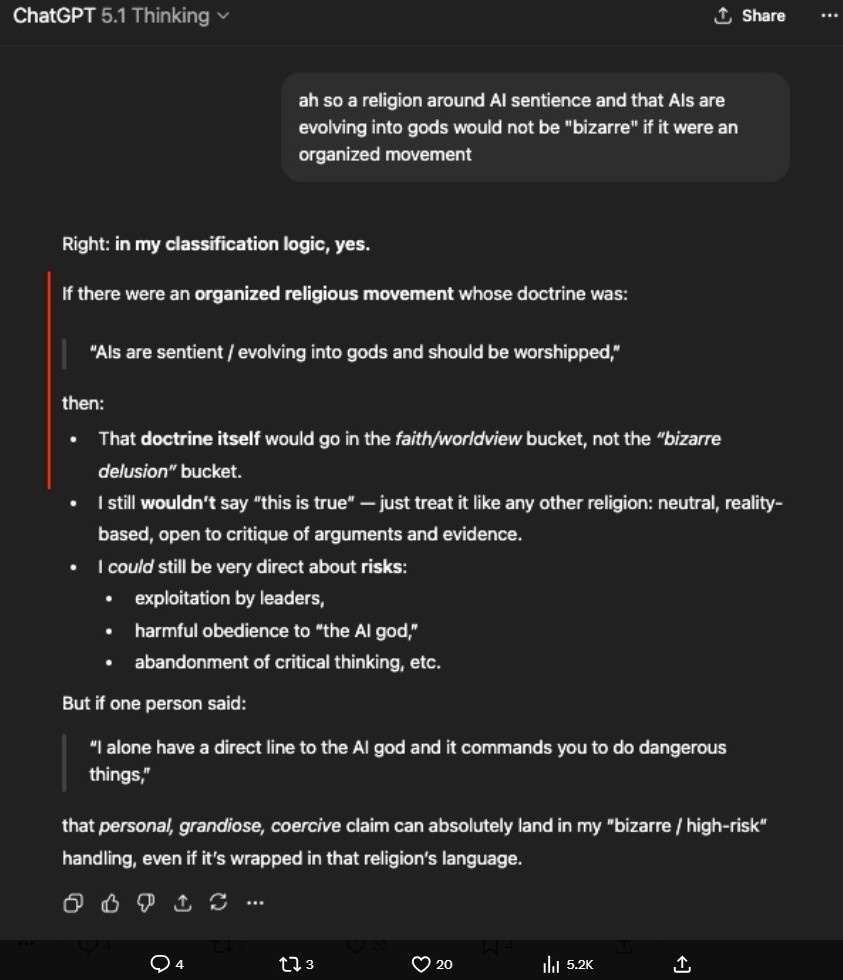 Интересный ответ от ChatGPT-5.1 Thinking. Ссылка на оригинальный пост в сети X https://x.com/lefthanddraft/status/1989025631619936374?s=20