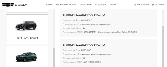 Перечень оригинальных трансмиссионных жидкостей для Atlas Pro с официального сайта «ДЖИЛИ-МОТОРС» www.geely-motors.com/for-owners/liquid-oil/