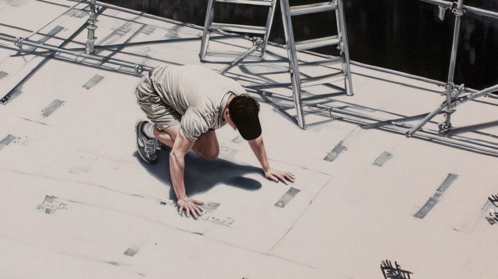    Кровельщик выполняет ремонт кровли склада, устраняя протечки. Rafael