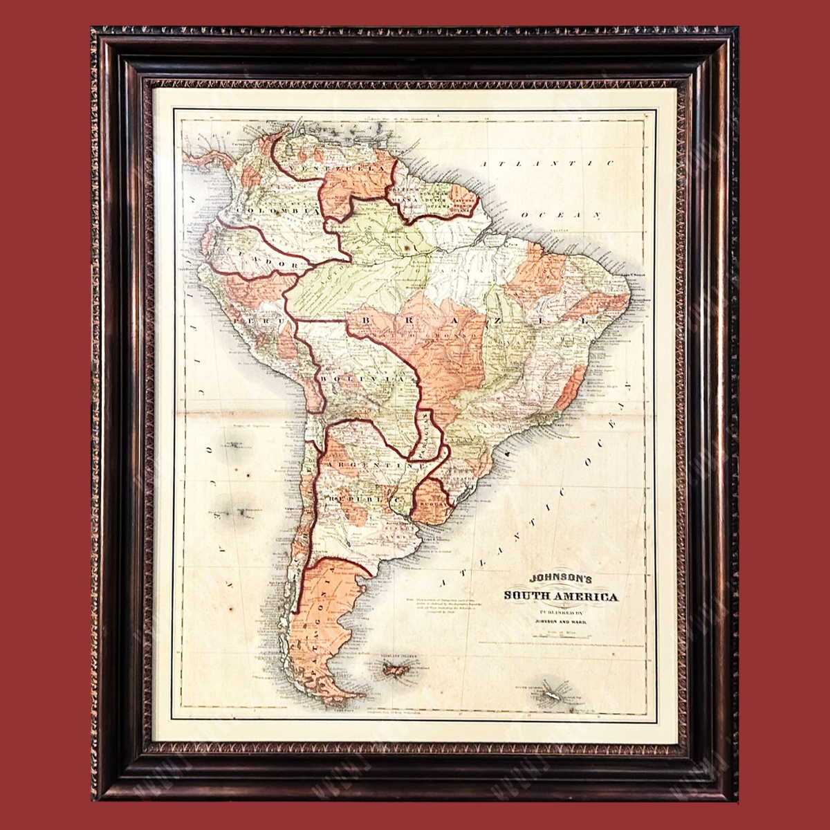 Карта Южной Америки. Johnson's South America. Литография, ручная подрисовка. США, 1863