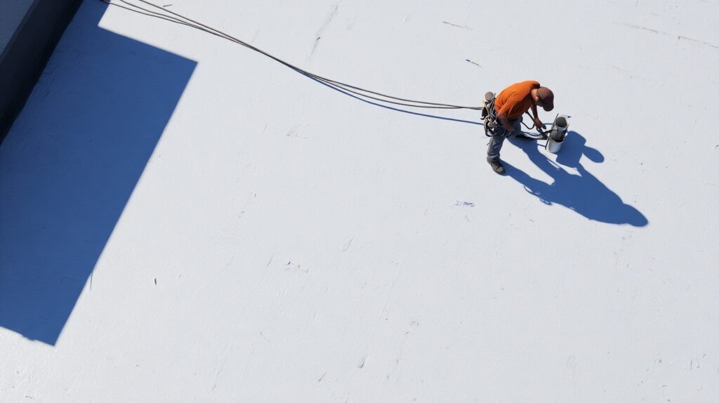    Кровельщик в процессе монтажа кровли — залог надежности и долговечности вашей крыши. Rafael