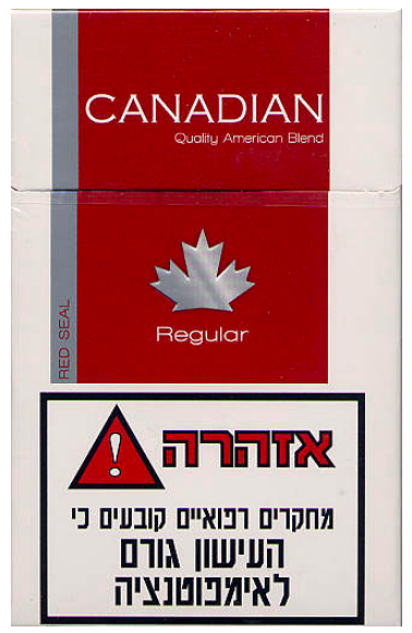 "Canadian" Regular Red Seal. Израиль, 2011 год. 20 штук с фильтром в коробке с откидной крышкой и в целлофане. Цена (была) 14 шекелей. Производитель: Jerusalem Cigarette Company. Владелец торговой марки: Quality Cigarette & Tobacco of Canada Inc.