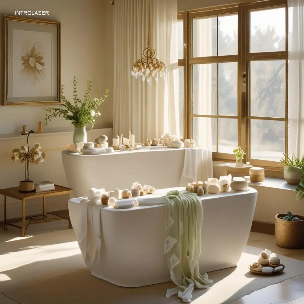    Косметолог наносит успокаивающую сыворотку на спину клиента после сеанса диодного лазера в салоне