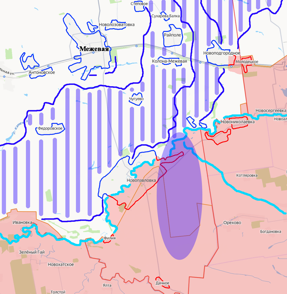 Красным контуром - н.п. под контролем ВС РФ, синим контуром - н.п. под контролем ВСУ, смешанным красно-синим контуром - н.п. на территории которого идут бои. Голубые линии - реки Волчья, Солёная и какой-то безымянный ручей - приток Солёной. Синие линии со штрихом внутри - Линия Сырского. Сиреневый овал - район, в котором сохраняется присутствие противника. "Стрелочки" рисовать уже оказалось некуда, поэтому, читатель, надеюсь, что вам всё будет понятно и без того, из текста сводки.