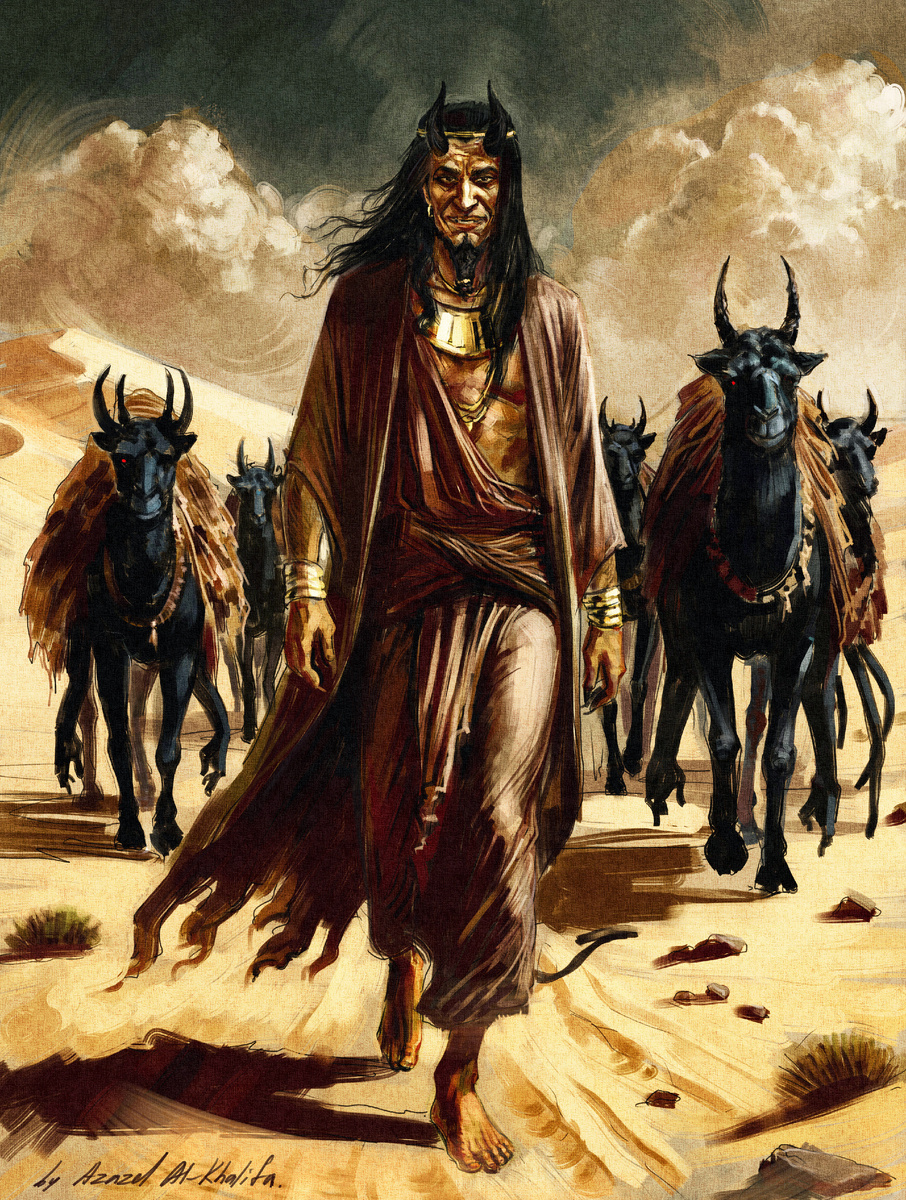 Автопортрет 2025г. Техника масляной живописи (дидж). Я, Азазель Аль-Калифа (так я выгляжу в своём истинном воплощении) в пустыне Сахара; следом за мной идёт караван из шед(д)имов – духов пустынь – подобных верблюдам, они несут на горбах сёдла из мешковины или иного грубого материала; на заднем плане вздымается песчаная буря.