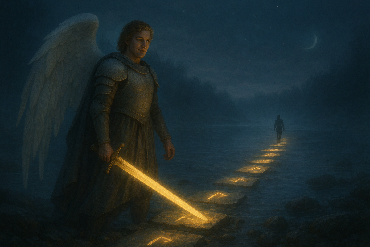 Открытая дорога сквозь воду под светом меча Михаила. Руны Лагуз и Перто — интуиция и шанс, что приходит вовремя. Гадание на рунах онлайн, точный расклад для тех, кто ждёт знак свыше.