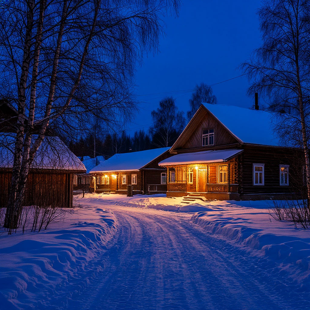 Ночь в счибирской деревненьке. Изображение создано нейросетью. 