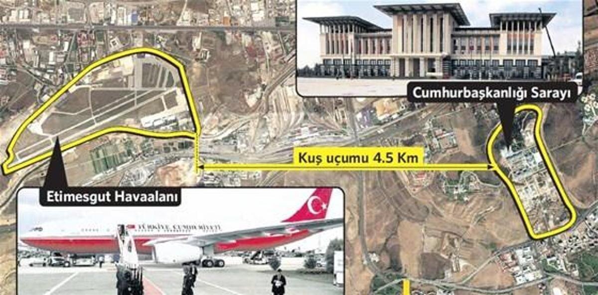 Расстояние между аэропортом и Президентским комплексом составляет 4,5 км. 