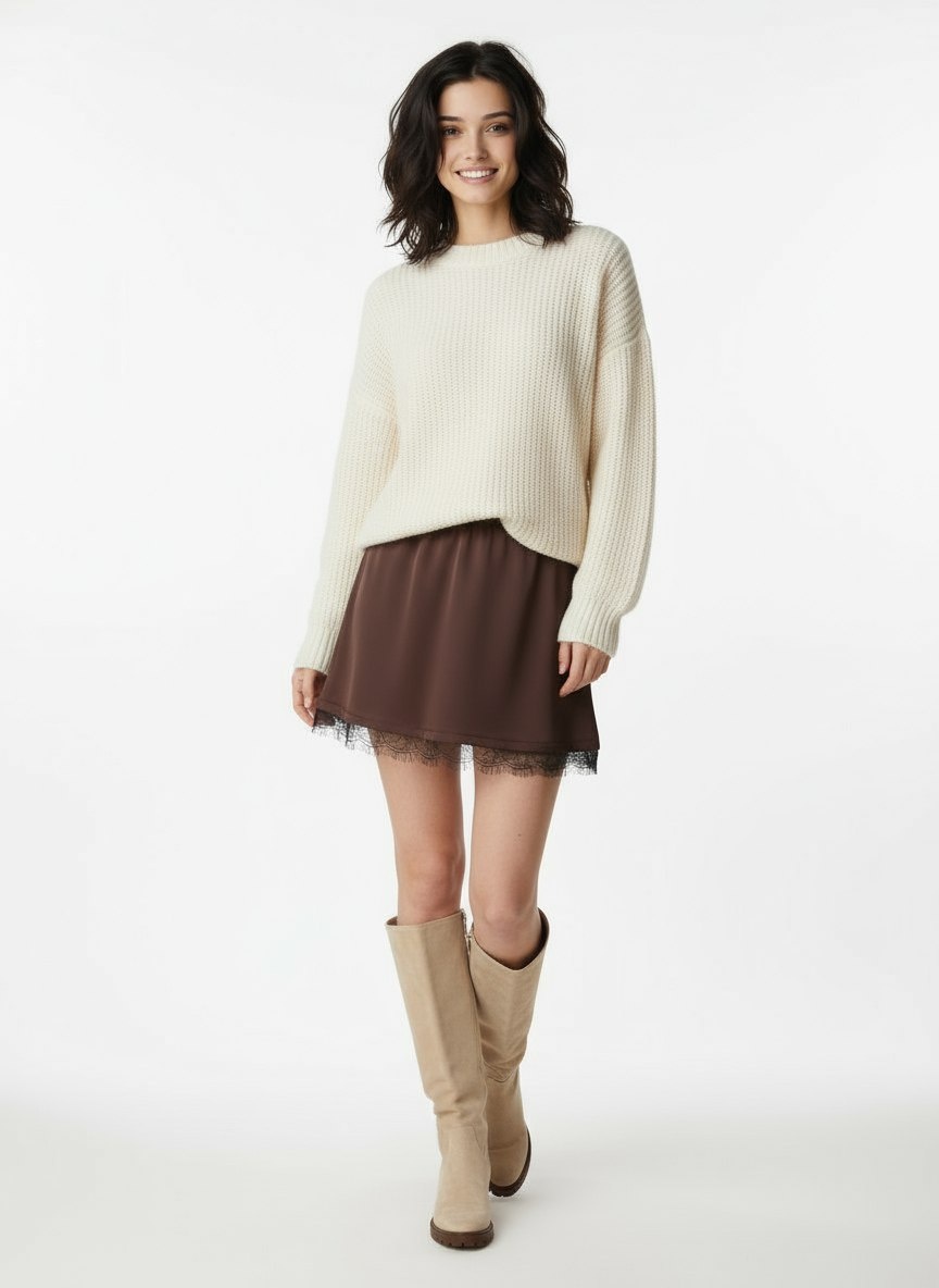 Атласная юбка на резинке с кружевом. Коричневый оттенок делает образ умеренным.