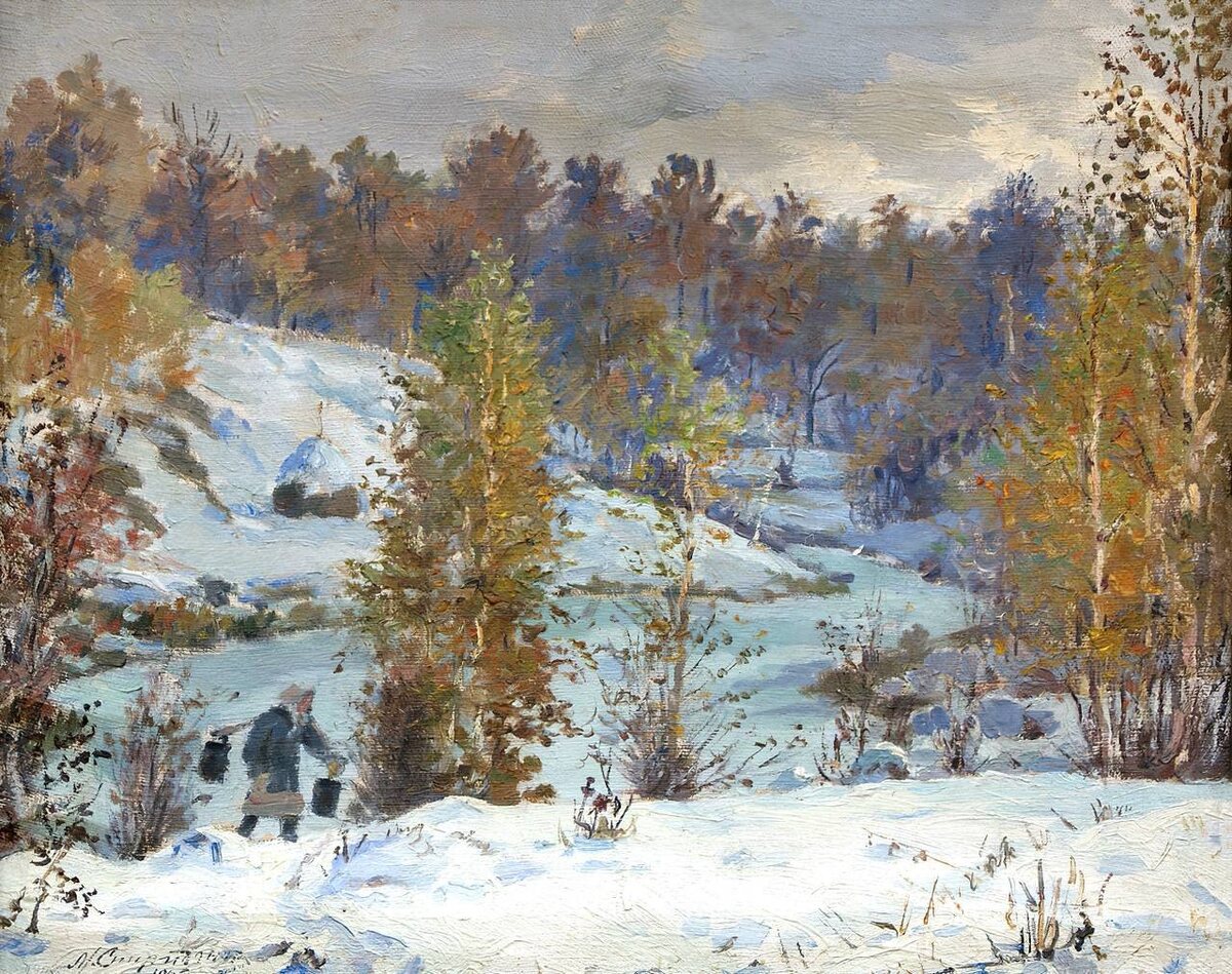 Моисей Спиридонович Спиридонов (1890 – 1981) «Ранний снег», 1946 год. Холст, масло. Размеры: 44×54 см. Чувашский государственный художественный музей. Фото картины взято из открытого источника.  