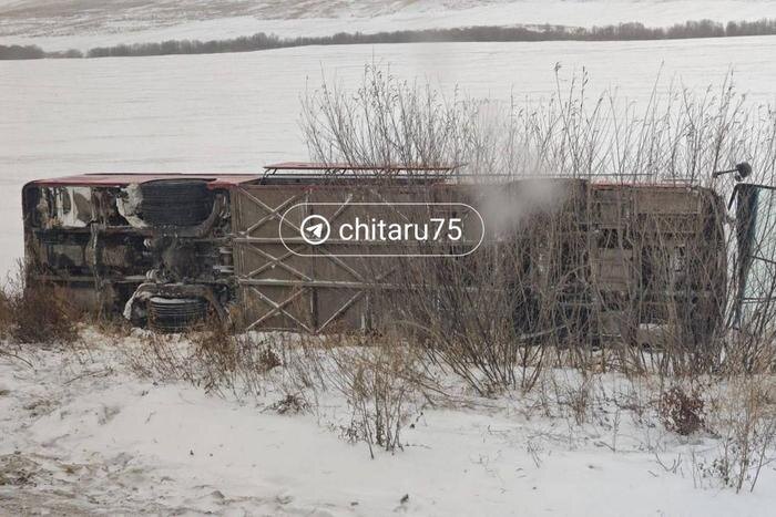 В Забайкалье автобус съехал в кювет. Фото © Telegram / Chita.Ru | Новости Читы