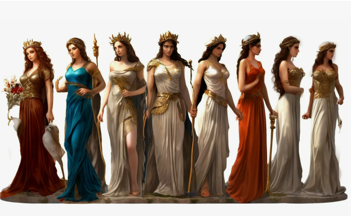 7 греческих богинь вместе: Артемида, Афина, Гестия, Гера, Деметра, Персефона, Афродита