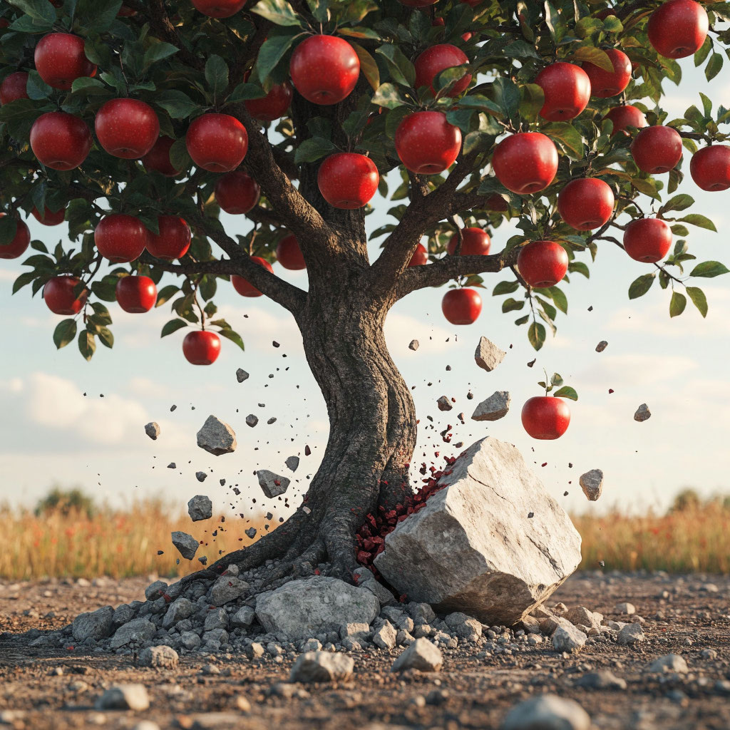 Алиса AI Дерево с красными яблоками разбивает камень