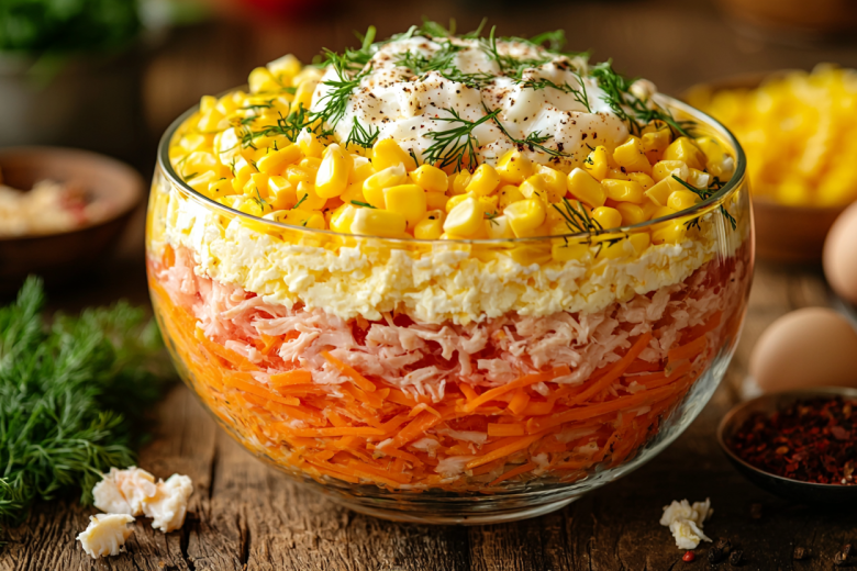 Салат «Рыжик» — курица, крабовые палочки и сыр. Просто, быстро и вкусно!