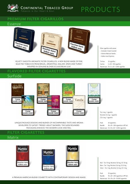 Continental Dohányipari Zrt Ассортимент продукции