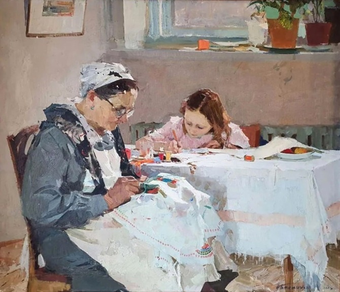 Николай Баскаков. Бабушка с внучкой. 1960. Частное собрание