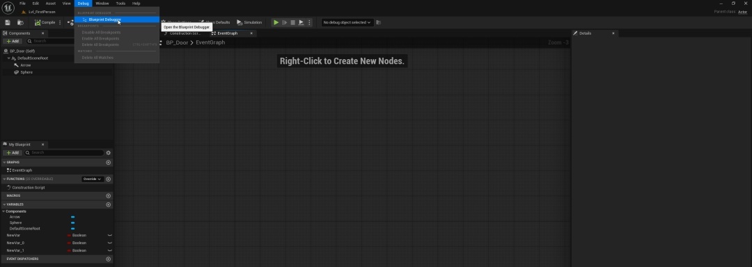 Сначала в блюпринте, который собираемся дебажить выбираем вкладку Debug и Blueprint Debugger(Можно это уже и после запуска проекта в эдиторе сделать)