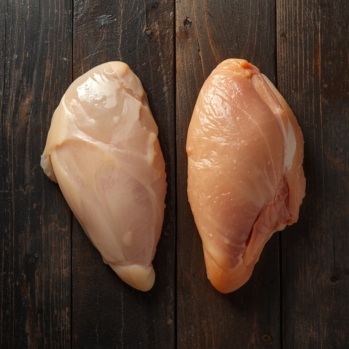 Разница, которую видно невооруженным глазом. Слева — то, что вы чаще всего покупаете в супермаркете: бледная, водянистая грудка с неестественно глянцевой кожей. Справа — то, как должна выглядеть качественная курица: естественный цвет, плотная текстура с видимыми мышечными волокнами.