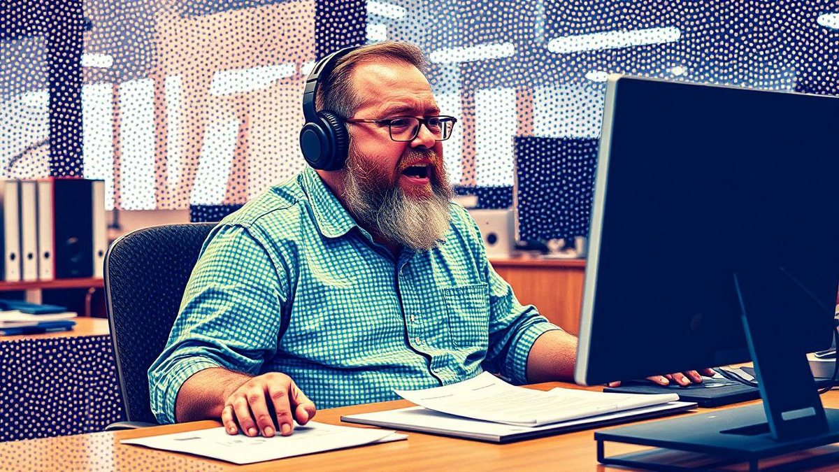 Сгенерировано нейросетью. Поющий мужчина в офисе.