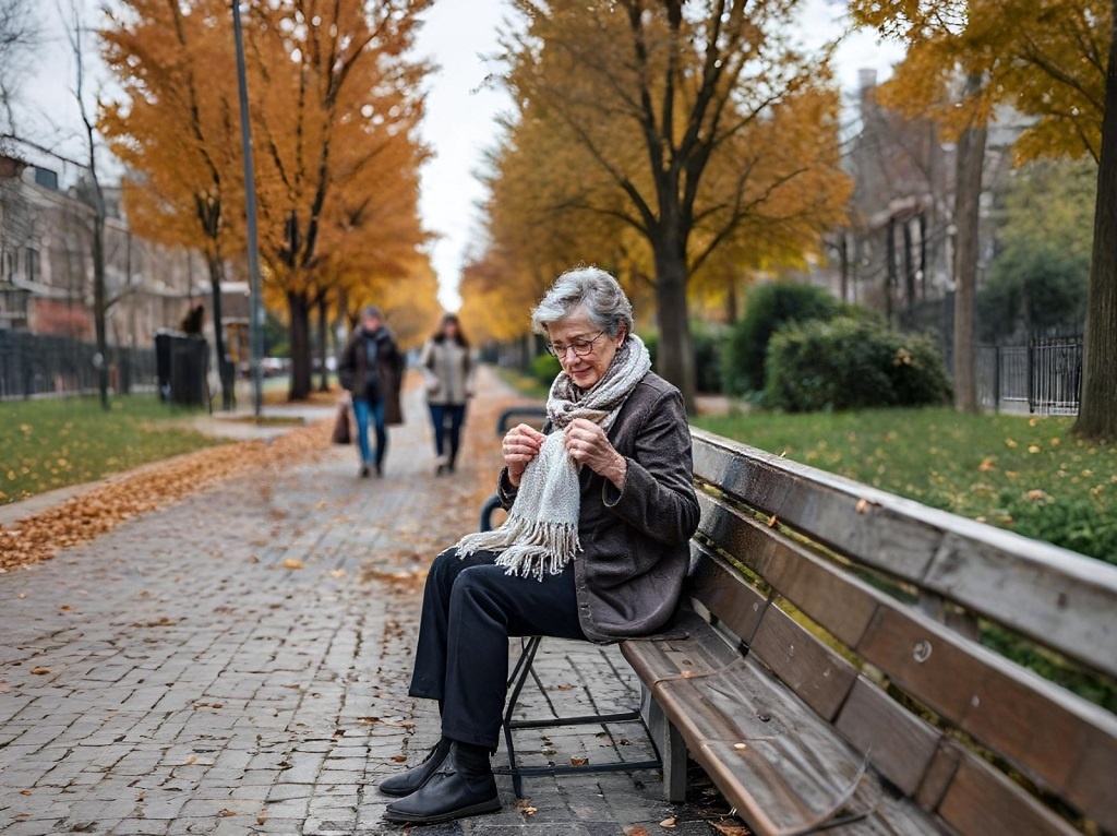 Изображение создано ИИ. Для увлечённой вязальщицы плохая погода и взгляды окружающих не помеха.