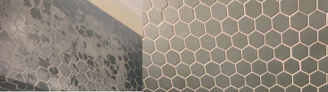 Процесс очистки керамогранитной шестиугольной мозаики с очень шершавой поверхностью