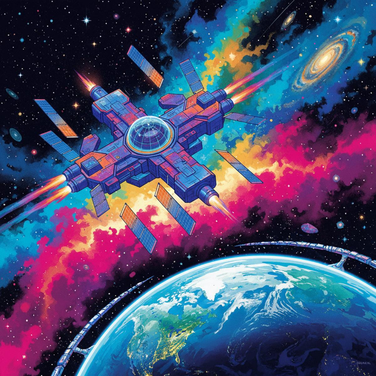 Арт космическая станция на орбите Земли. 