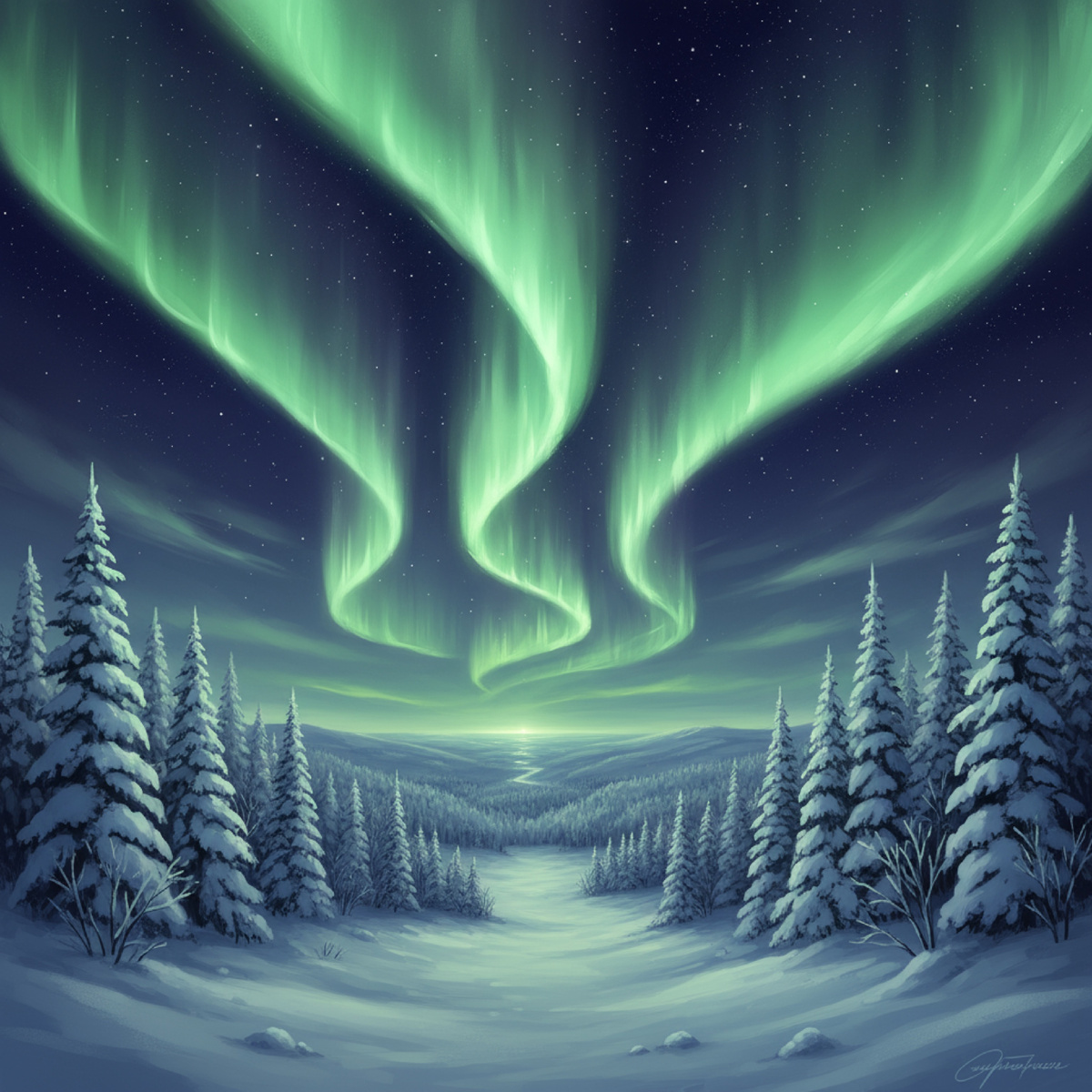 Северное сияние над лесом. 