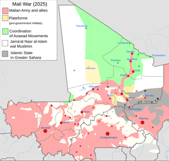 Военная обстановка в Мали, Буркина-Фасо и западном Нигере. Розовый цвет – зона контроля правительственных сил, белый – ДНИМ, серый – ИГЗП, зеленый – туарегских повстанцев, желтый – союзных правительству ополче