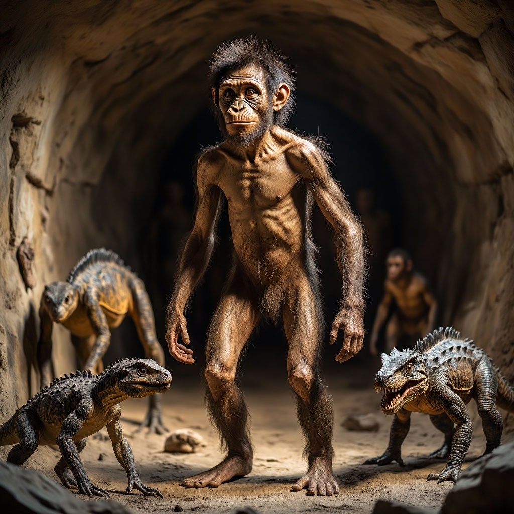 Реконструкция изображения австралопитека, который уже ходит на двух ногах, но еще имеет черты примата.