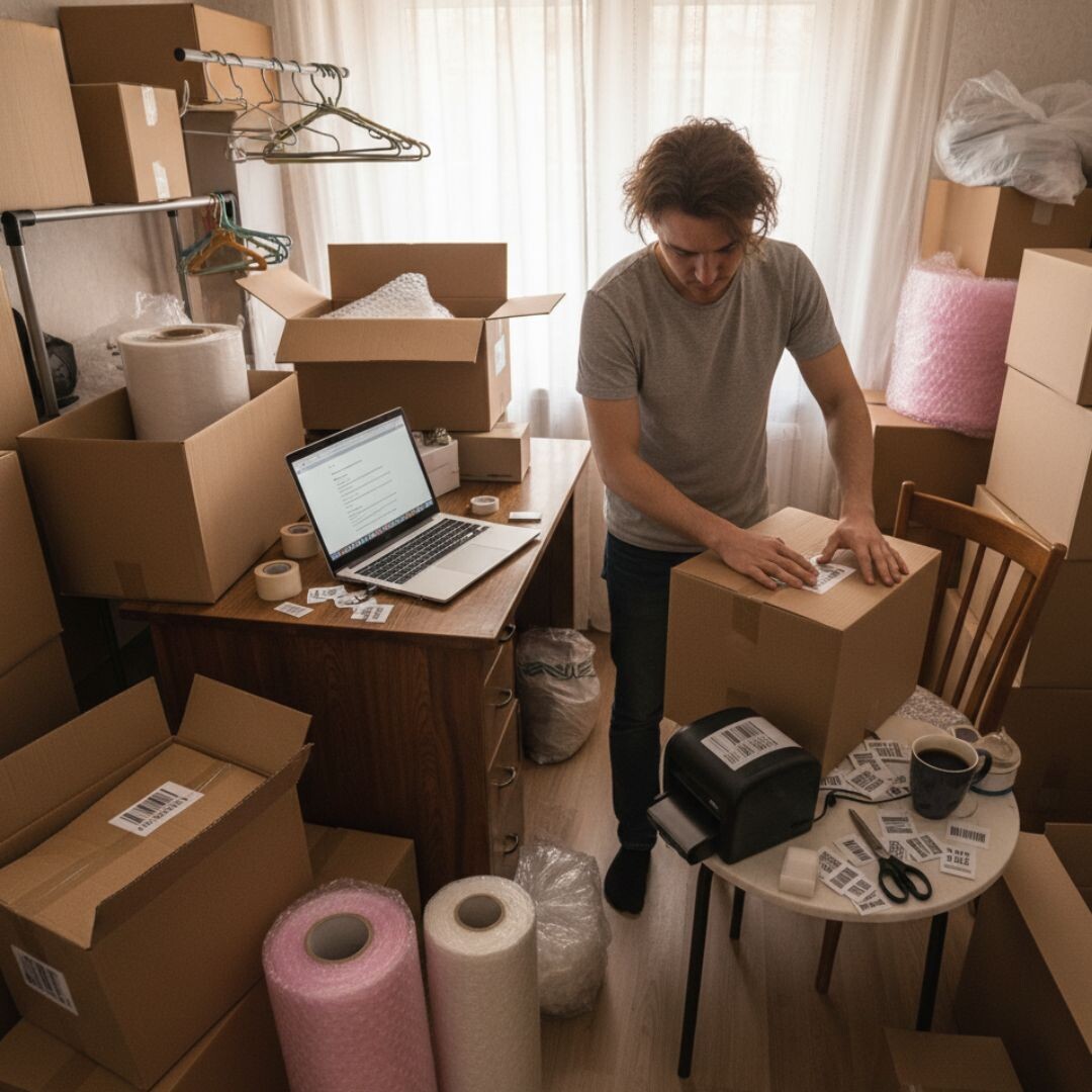 Домашний склад селлера Wildberries, заваленный коробками и упаковкой, как символ операционной перегрузки