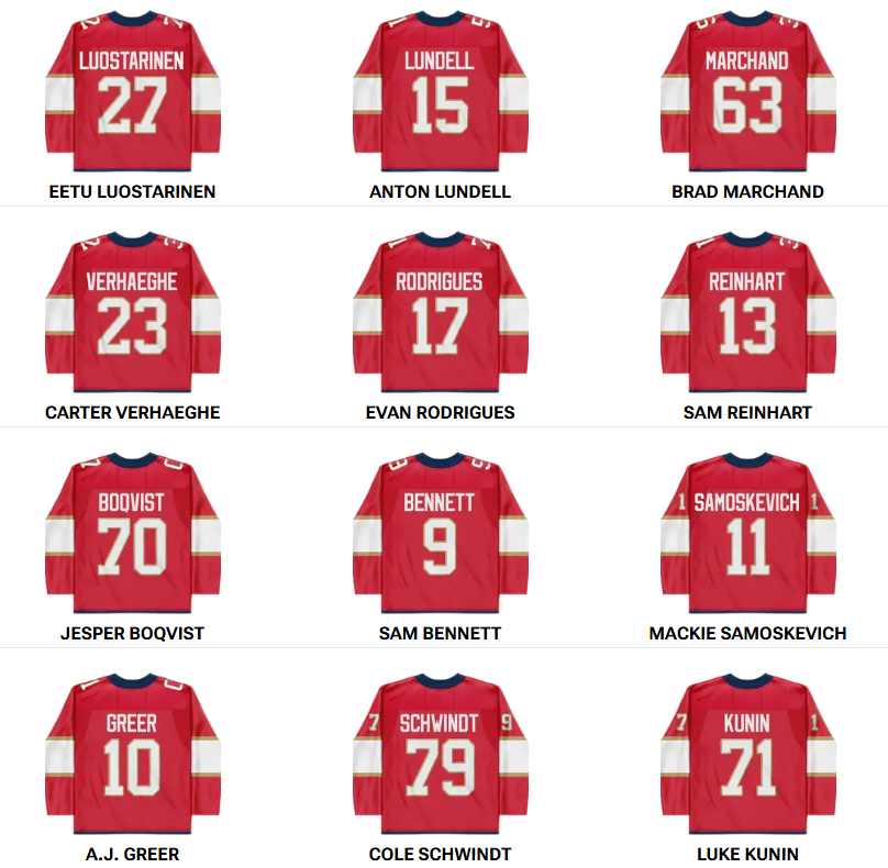 Тройки нападения и пары защитников «Флорида Пантерз» на матч с «Тампа-Бэй Лайтнинг» 16 ноября 2025 года; стартовый вратарь - Сергей Бобровский