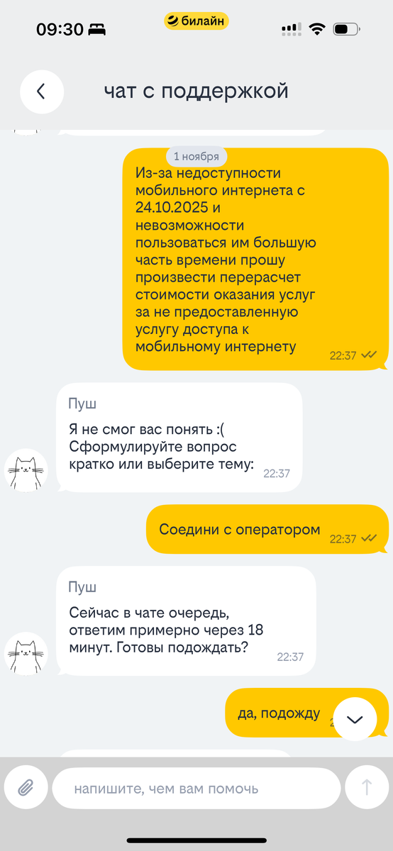 Ответ техподдержки Билайн на претензию о компенсации из-за недоступности мобильного интернета