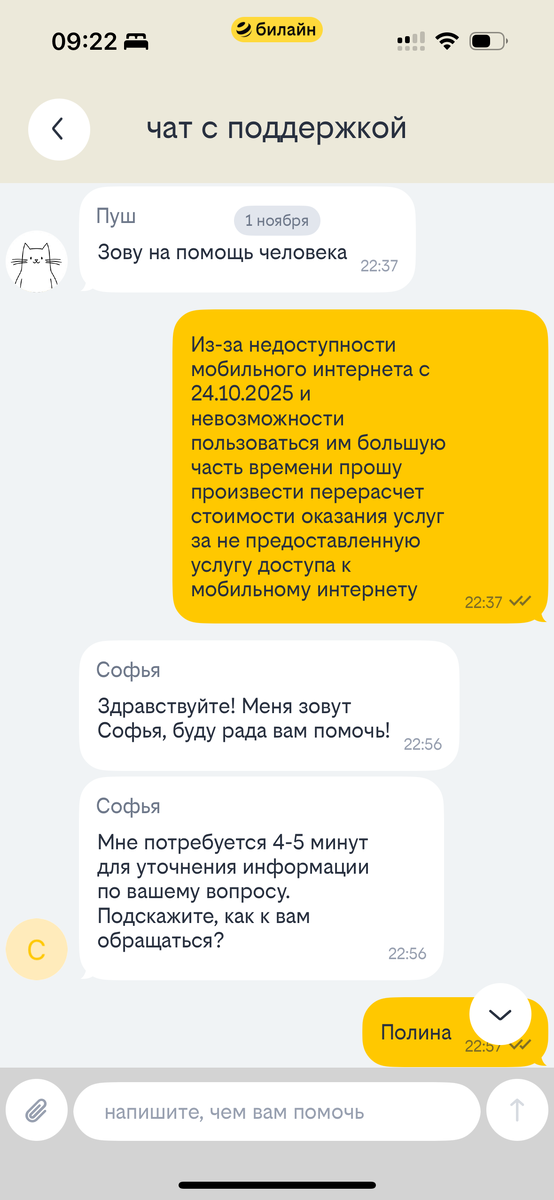 Ответ техподдержки Билайн на претензию о компенсации из-за недоступности мобильного интернета